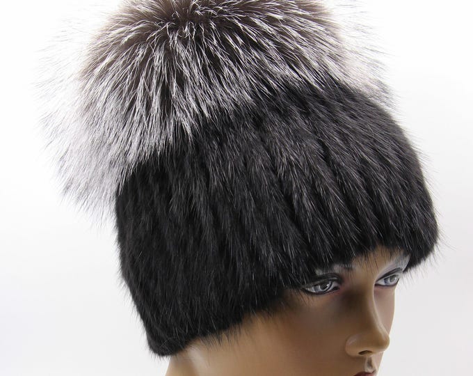 Black Fur Hat with Gray Pompom - Handmade Women's Winter Beanie