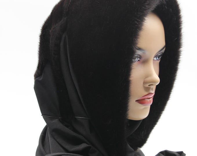 Black Dyed Mink Fur Hood Black Fabric Scarf - Total Black Monochrome Winter