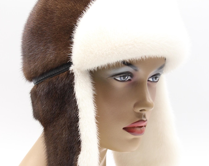 Handmade Brown Mink Fur Ushanka Hat with White Forehead and Inner Earflaps for Women