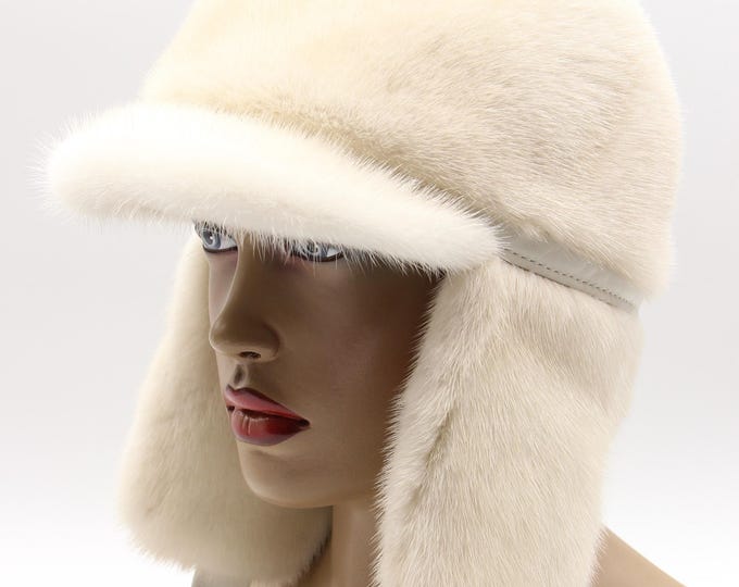 Handmade Pearl White Mink Fur Ushanka Hat with Visor for Women