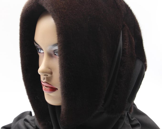 Dark Brown Natural Mink Fur Hood Black Fabric Scarf - Classic Two Tone Winter