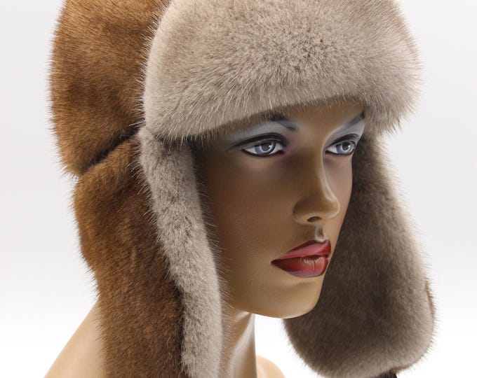 Handmade Pastel Brown Mink Fur Ushanka Hat with Sapphire Blue Forehead and Inner Earflaps