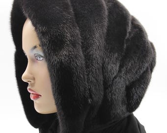 Black Mink Fur Hooded Scarf Women's Winter Hat Hood Wrap Handmade