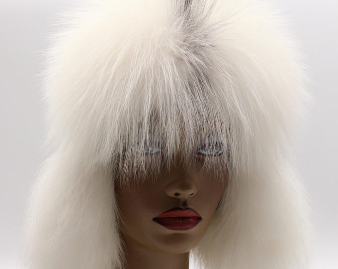 Handmade White Leather Ushanka Hat with Fox Fur for Women