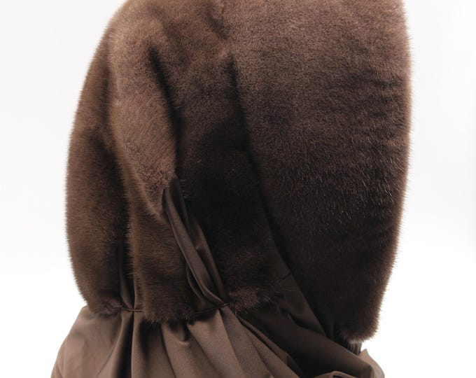 Chocolate Brown Dyed Mink Fur Hood Light Brown Fabric Scarf - Two Tone Winter