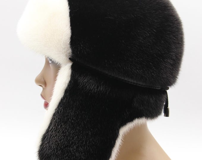 Handmade Black Mink Fur Ushanka Hat with White Forehead and Inner Earflaps for Women