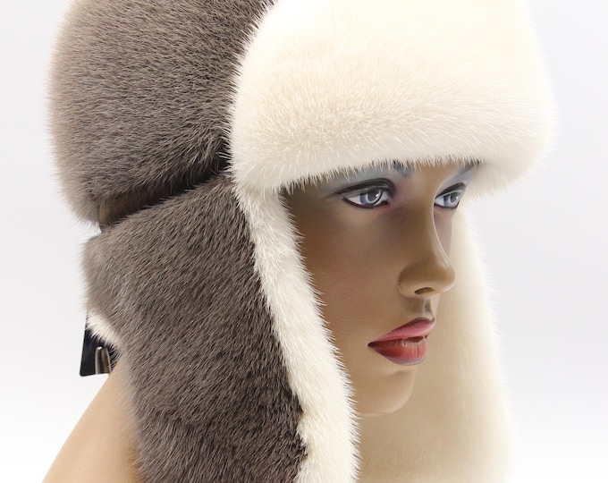 Handmade Cappuccino Brown Mink Fur Ushanka Hat with White Forehead and Inner Earflaps for Women