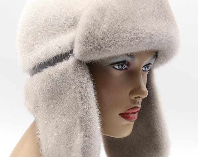 Handmade Sapphire Blue Mink Fur Ushanka Hat for Women – Luxury Winter Trapper