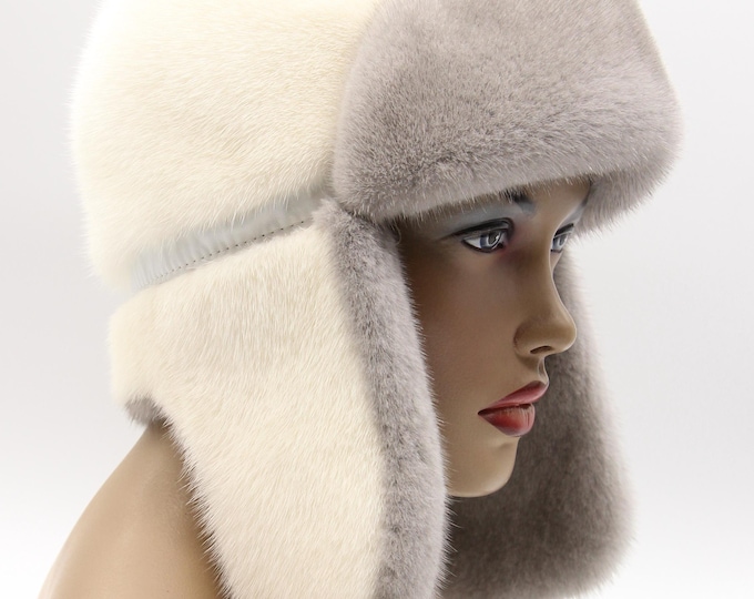 Handmade White Mink Fur Ushanka Hat with Sapphire Blue Forehead and Inner Earflaps