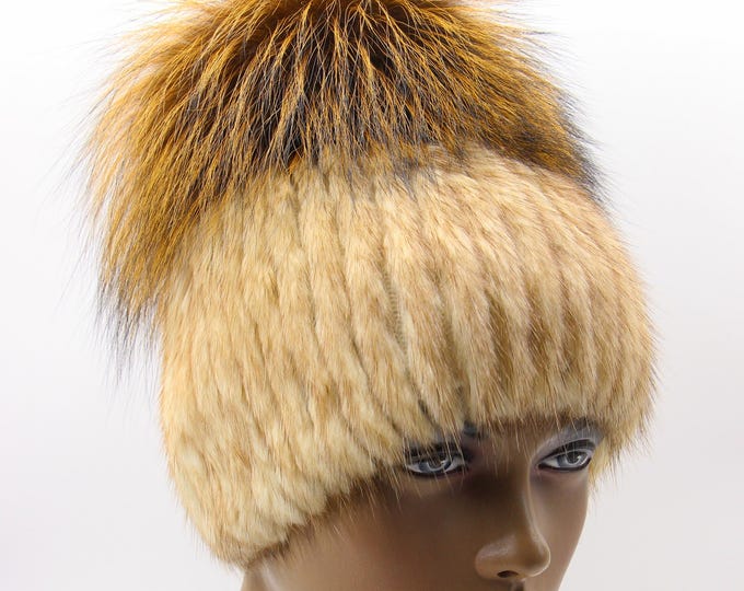 Women's Fur Hat with Knitted Base - Handmade Winter Beanie