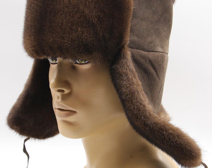 Mink Fur Hat Men Ushanka Winter Real Suede Earflap Trapper Handmade Functional Warm Gift