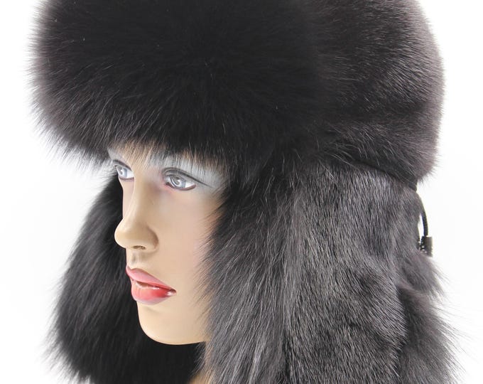 Black Mink Fox Fur Hat Women Ushanka Winter Real Luxury Dual Premium Fur VIP Total Black