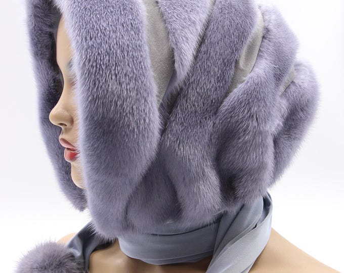 Lavender Mink Fur Hooded Scarf Women Winter Hood Wrap Suede Strips Three Ways Versatile