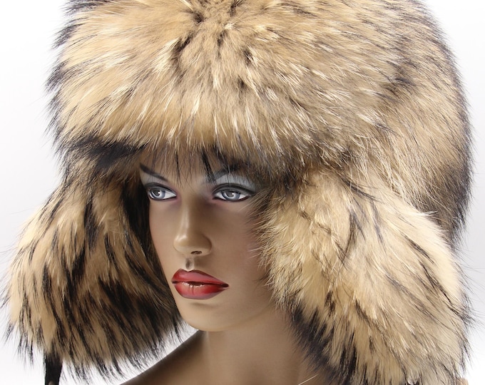 Raccoon Fur Hat Women Ushanka Winter Real Luxury Trapper Handmade Warm Aviator Statement
