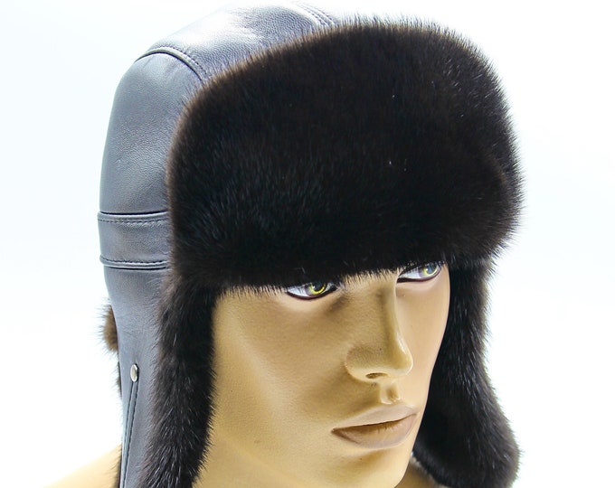 Black Leather Brown Mink Ushanka Hat - Men's Winter Trapper with Fur Earflaps