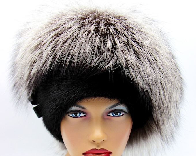Black Mink Silver Fox Fur Hat Women Winter - Handmade Luxury Warm Headwear Two-Tone Contrast Design