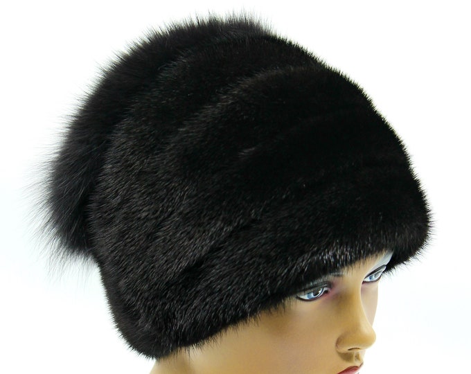 Womens black fur hat fox and mink "Anyuta"