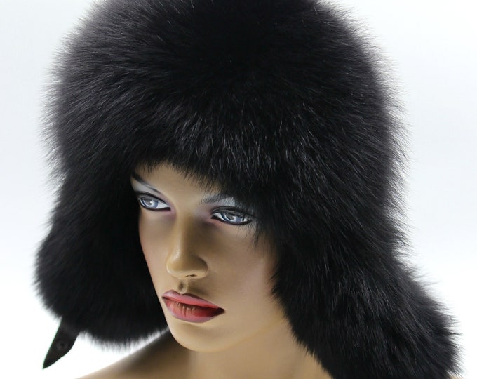 Handmade Black Leather Ushanka Hat with Fox Fur for Women