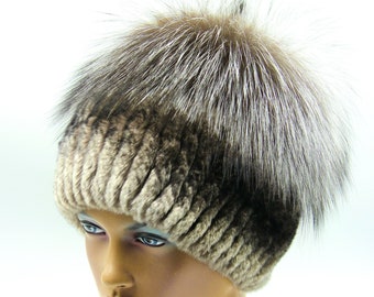 Women's winter hat stylish made of fur of fox and rex rabbit Kubanka grey