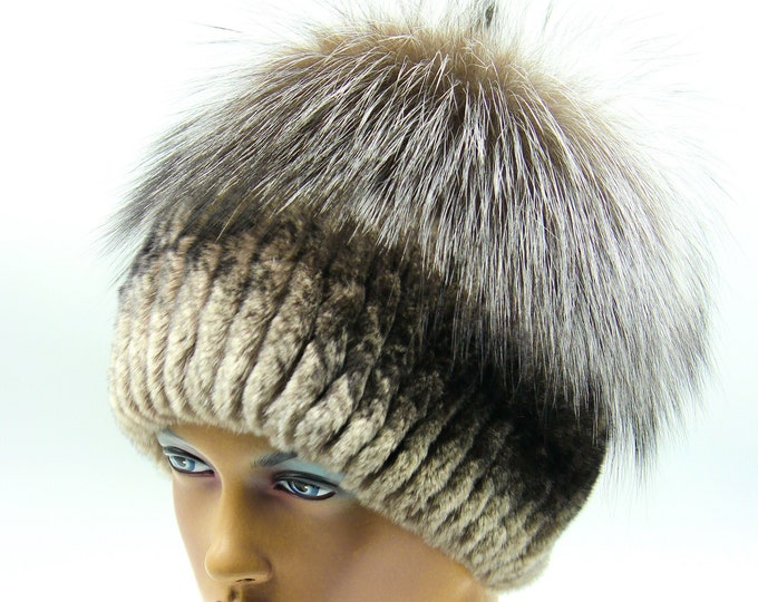 Gray Fox and Rex Rabbit Fur Hat for Women - Handmade Winter Kubanka