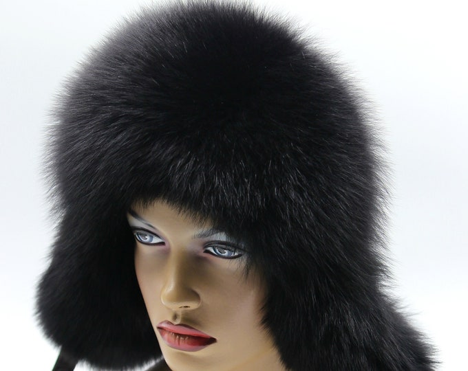 Handmade Black Leather Ushanka Hat with Fox Fur for Women