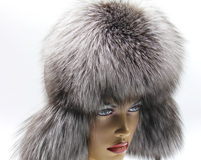 Handmade Black Leather Ushanka Hat with Silver Fox Fur for Women