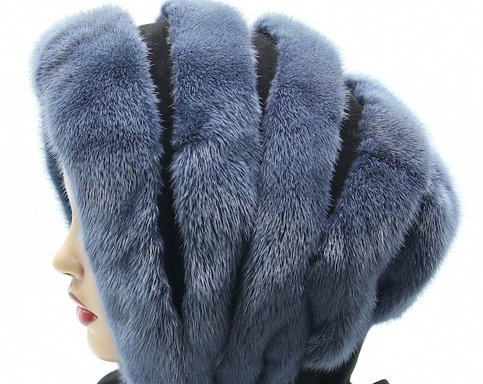Mink fur hooded shawl winter scarf hat for women graphite