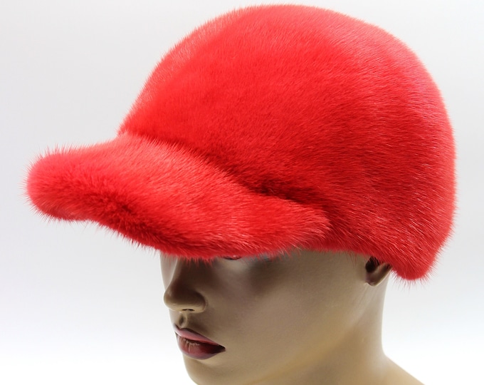 Fur hat baseball cap mink winter for womens red color