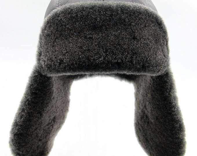 Black Shearling Ushanka Fur Hat - Men's Aviator Winter Trapper with Sheepskin