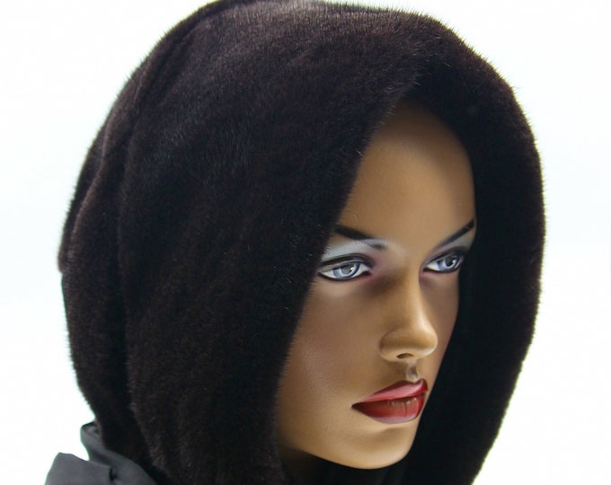 Womens mink fur hat headdress winter hooded shawl scarf dark brown