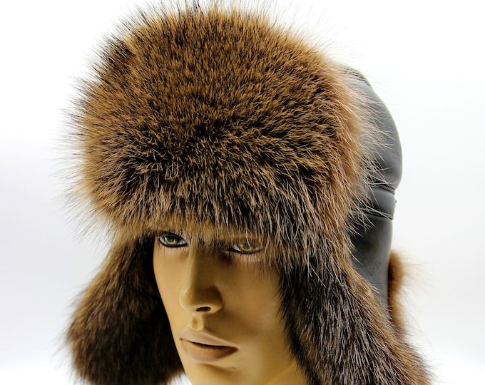 Raccoon Fur Real Leather Ushanka - Authentic Materials Winter Hat for Men