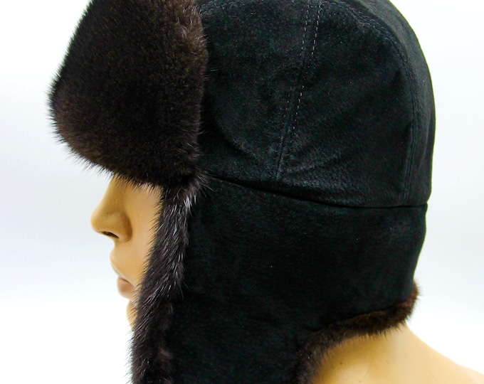 Brown Mink Fur Black Suede Ushanka Youth - Bold Contrast Winter Hat