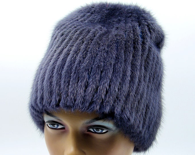 Blue Mink Fur Beanie Hat for Women - Handmade Sporty Winter Style