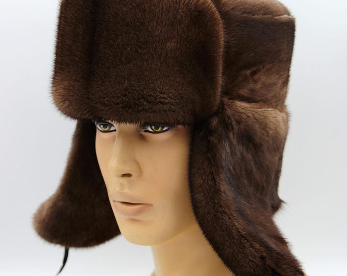 Mens Pastel Brown Fur Ushanka Hat - Handmade Ukrainian Winter Trapper with Earflaps