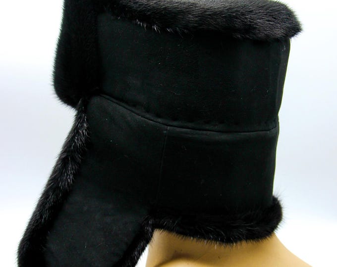 Black Mink Fur Suede Ushanka - Monochromatic Luxury Winter Hat for Men