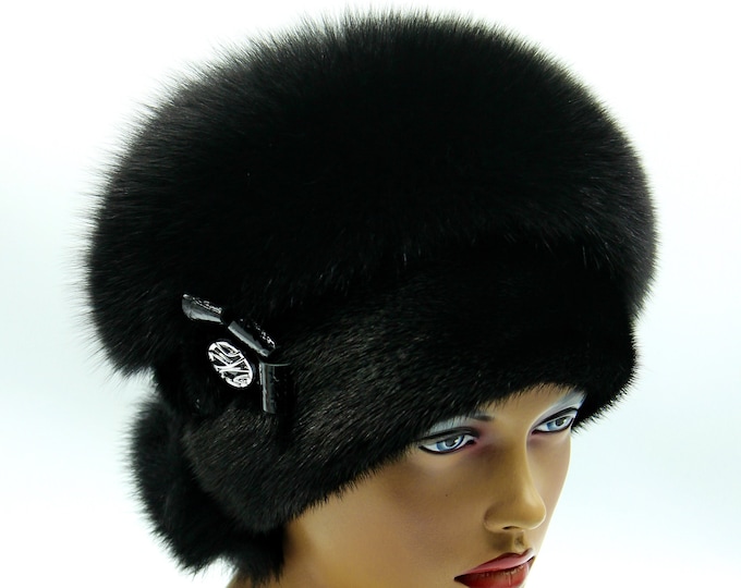 Ladies black fox mink fur hat