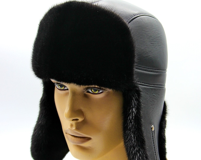 Black Mink Ushanka Hat with Leather Construction - Men's Winter Trapper