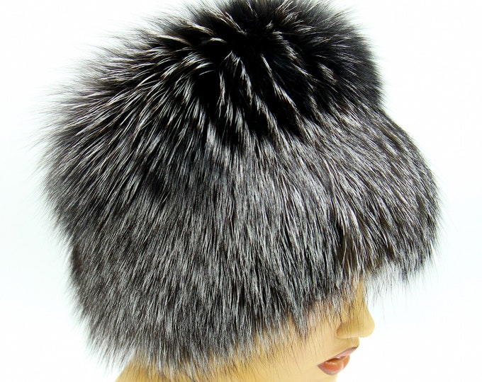 Silver Fox Fur Hat for Women - Handmade Winter Kubanka on Knitted Base