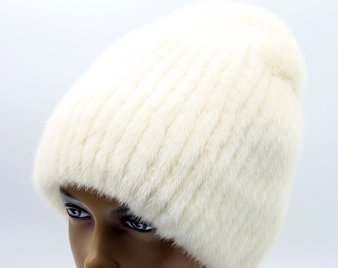 White Mink Fur Beanie Hat for Women - Handmade Sporty Winter Style