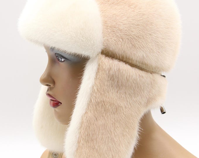 Handmade Pearl Beige Mink Fur Ushanka Hat with White Forehead and Inner Earflaps