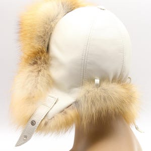 Three quarter back red fox fur hat white leather ushanka showing fox - handmade luxury winter trapper