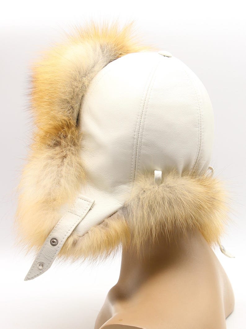 Three quarter back red fox fur hat white leather ushanka showing fox - handmade luxury winter trapper