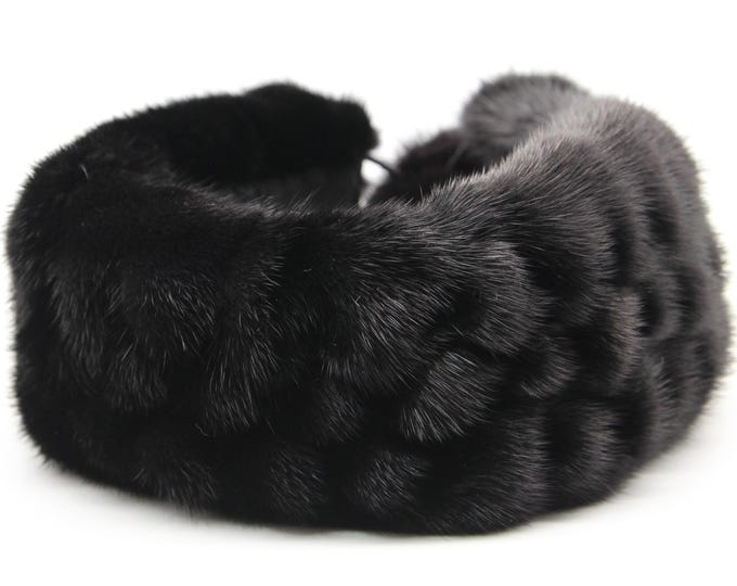 Black Mink Fur Headband with Braided Center for Women - Handmade Natural Winter