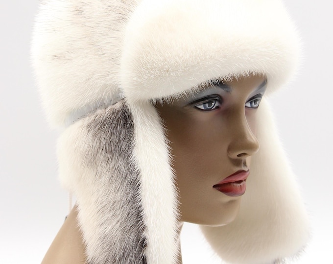 Handmade Cross Mink Fur Ushanka Hat with White Forehead and Inner Earflaps
