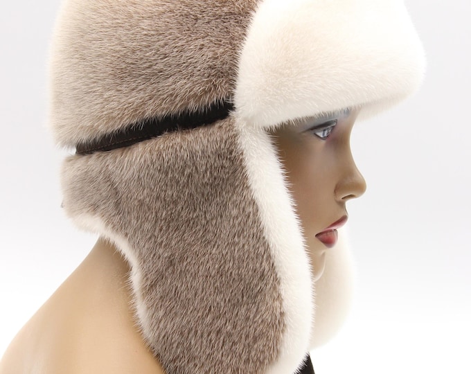 Handmade Cocoa Brown Mink Fur Ushanka Hat with White Forehead and Inner Earflaps for Women