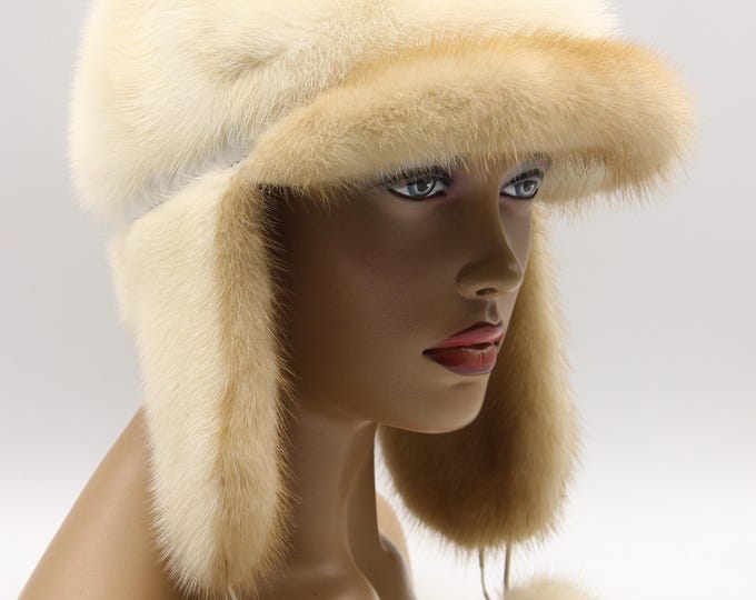 Handmade White Mink Fur Ushanka Hat with Pearl Beige Visor and Inner Earflaps