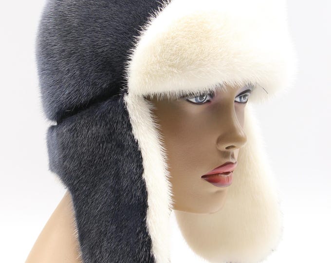 Handmade Graphite Grey Mink Fur Ushanka Hat with White Forehead and Inner Earflaps