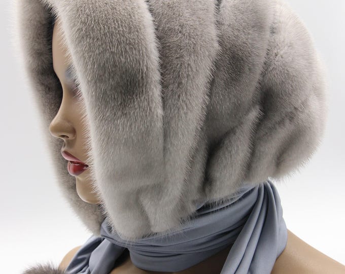 Natural Sapphire Mink Fur Hooded Scarf for Women - Handmade Winter Hood with Striped Fabric