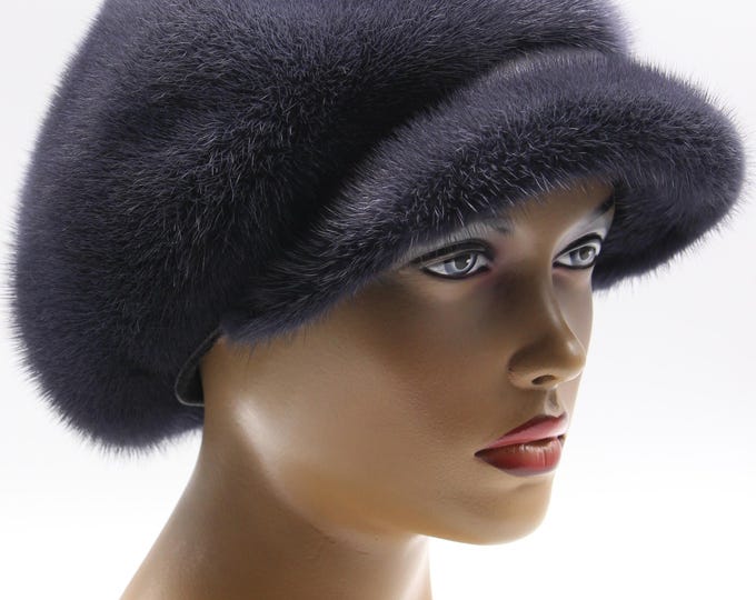 Graphite Gray Mink Newsboy Cap for Women - Handmade Dyed Baker Style Winter