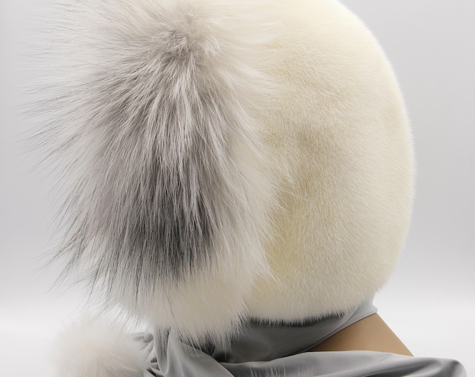 White Mink Arctic Fox Fur Hood Women Hooded Scarf Real Fur Wrap Pom Pom Winter Accessory